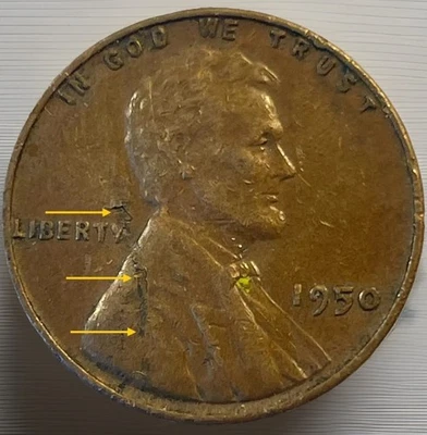 1950-P Lincoln Wheat Cent Lamination  Error. Defective Planchet Obverse. WCE-003 - Image 1 of 4