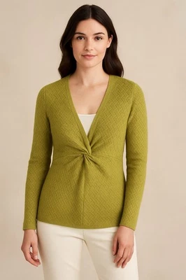 Garnet Hill 100% Cashmere Twist Front Sweater Green V-Neck Long Sleeve XL Comfy - Image 1 of 4
