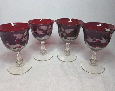 Beautiful Set Of 4 Ruby Red Cocktail Glasses With Etched Scenery  - Image 1 of 4