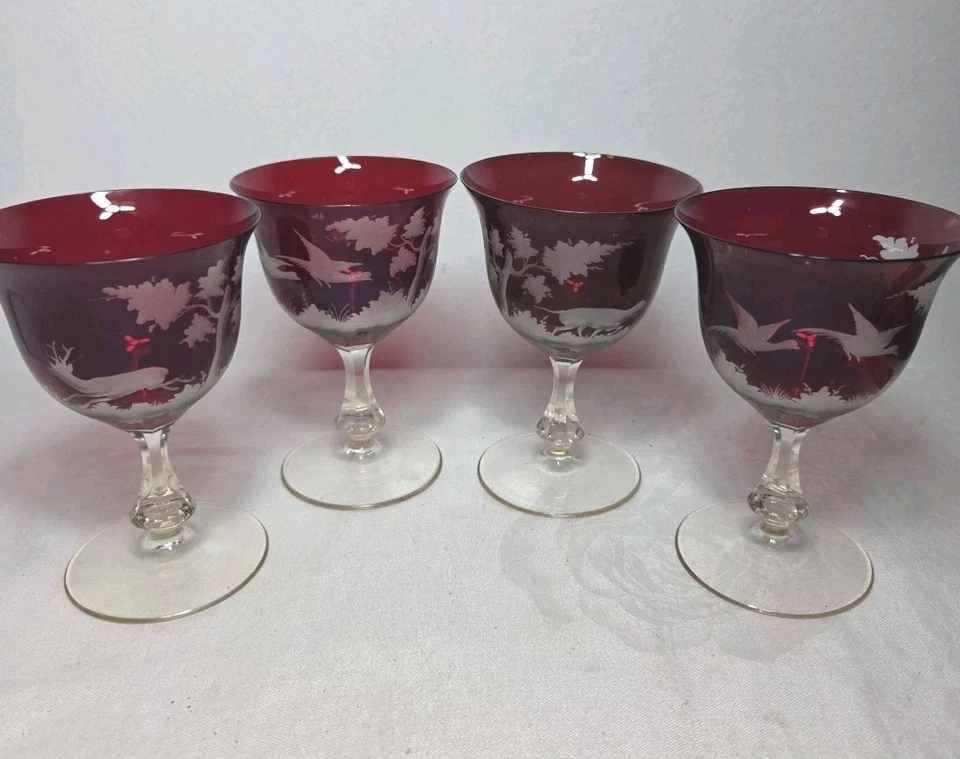 Beautiful Set Of 4 Ruby Red Cocktail Glasses With Etched Scenery  - Image 1 of 4