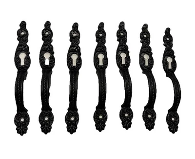 7 Vtg. Black Metal Door Handle Pull Skeleton Key Hole - Image 1 of 4