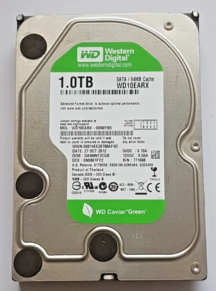 1 TB SATA Western Digital WD10EARX-00N0YB0 5400RPM 64MB HDD 3.5" Hard Drive - Image 1 of 1
