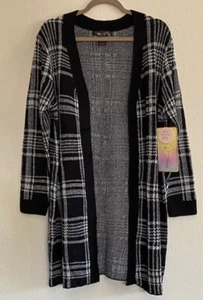 XL/1X/2X/3X New Black White Plaid Long Cardigan Sweater Coat Duster Knit - Picture 1 of 13