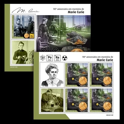 Estampillas conmemorativas del 90 aniversario de Marie Curie MNH 2024 Guinea-Bissau M/S + S/S Foto 1 de 3