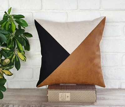 Camel-black-beige color diagonal distressed leather look pillow cover-1qty - Image 1 of 4