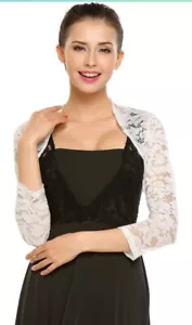 Bolero Shrugs 3/4 sleeve for Dresses Crochet Lace Open Front Cropped Cardigan - Picture 1 of 6