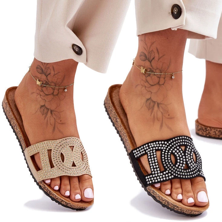 Damen Slipper mit Strasssteinen Sandalen Kork Schuhsohle Leicht Badelatschen  - Bild 1 von 1