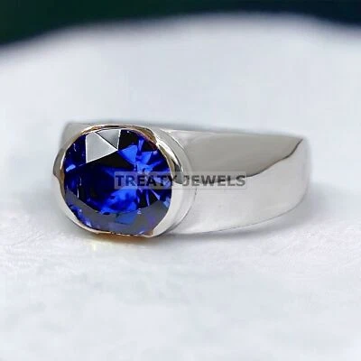 Piedras preciosas de zafiro azul de corte ovalado con anillo de plata de ley 925 para hombre #362 Foto 1 de 4