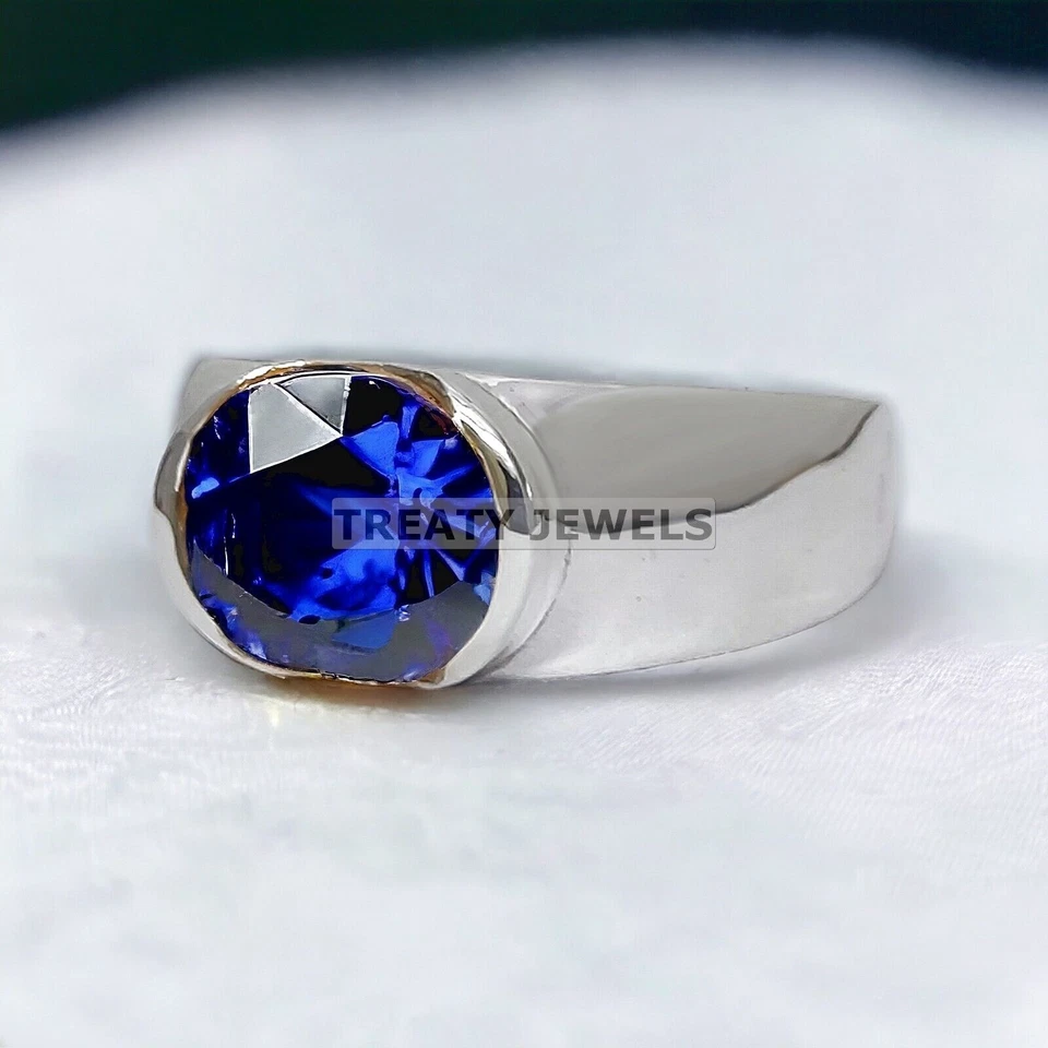 Piedras preciosas de zafiro azul de corte ovalado con anillo de plata de ley 925 para hombre #362 Foto 1 de 4