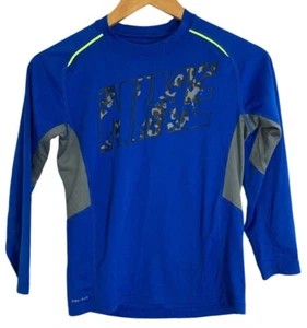 Nike Shirt Youth Small Blue Logo Long Sleeve Crew Neck Athletic Dri Fit - Picture 1 of 3