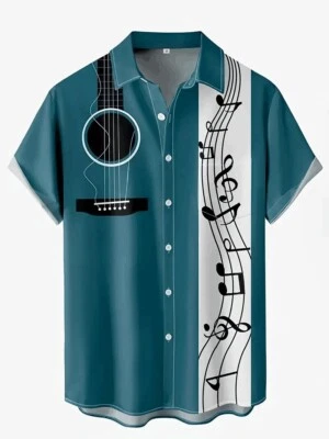 Camisa abotonada con cuello de solapa y estampado artístico de guitarra de moda con notas musicales para hombres Foto 1 de 3