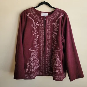 Susan Graver Womens Embroidered Jacket Plus Size 1X Purple Faux Suede Texture - Picture 1 of 9