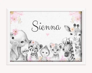 pink flower print safari animals girl nursery pink gift baby birth wall personal - Picture 1 of 1