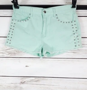 Forever 21 Womens Denim Shorts Size 29 Mint Green Studded Raw Hem 5 Pockets - Picture 1 of 5