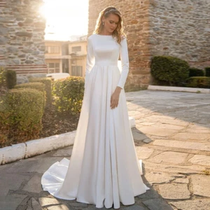 Simple A-Line Wedding Dresse O-Neck Long Sleeved Bow Satin Pleat Bridal Gowns - Picture 1 of 11