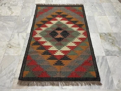 Wool Jute Kilim Rug – Handwoven Boho Area Carpet Eco Friendly Floor Mat - Image 1 of 4