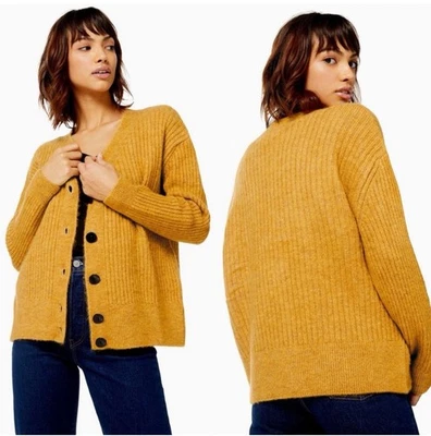 Suéter Cárdigan TopShop Amarillo Mostaza Ancho Acanalado Acogedor Botón Frontal Foto 1 de 4