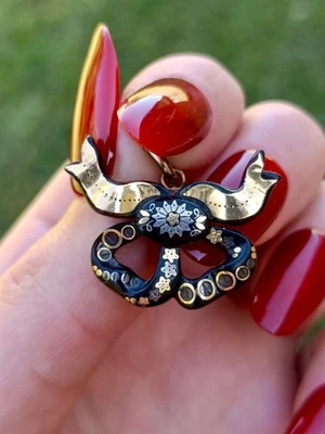 Pingente de arco antigo vitoriano de ouro 9 quilates e prata esterlina concha de tartaruga pique - Imagem 1 de 4