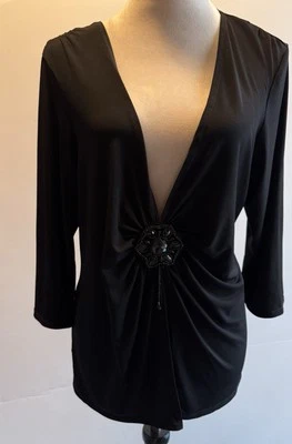 Elementz Women’s V-Neck Blouse SZ XL Black 3/4 Sleeve Solid Evening  - Image 1 of 4