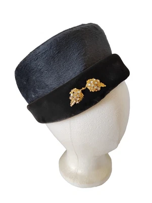 Vtg Black Gray Velvet Pillbox Hat Gene Doris New York Rhinestone Union Made USA - Изображение 1 из 4