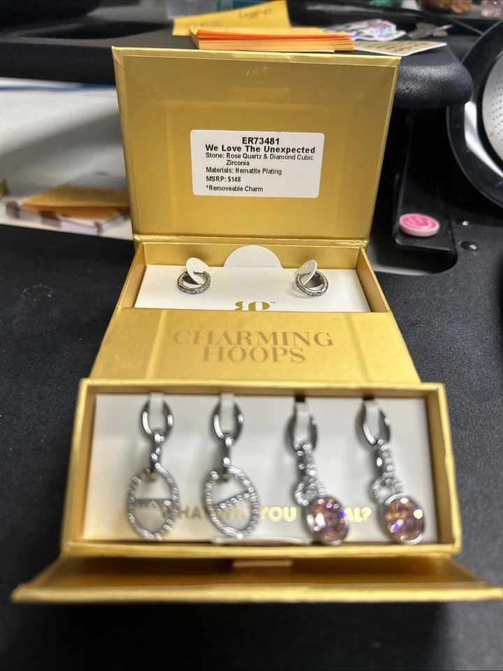 Bomb Party Charming Hoops ER73481 ¡Dijes colgantes de cuarzo rosa/hematita! Nuevo con etiquetas Foto 1 de 4
