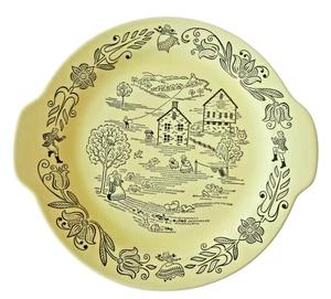 Vintage 1950s Bucks County By Royal Yellow Cake Plate With Handles Farm Scene - Picture 1 of 6