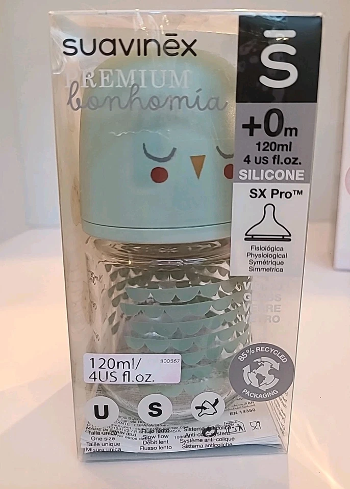 Suavinex Bonhomia Glass Bottle 4oz SX PRO Silicone Nipple Mint S #4271