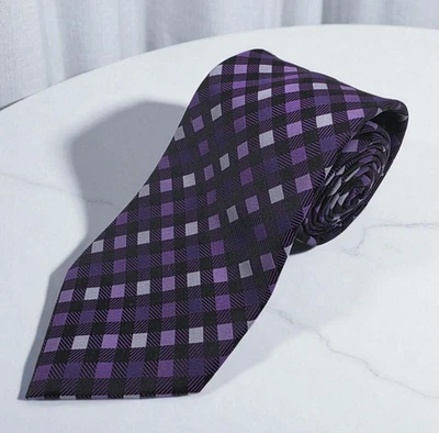 Kenneth Cole Reaction Men's Neck Tie 100% Silk Black Purples Gray Geometric 58" - Image 1 of 4