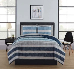 Twin XL Bed in a Bag 5-Piece Comforter Set with Sheets Blue White Gray Stripes - Picture 1 of 7