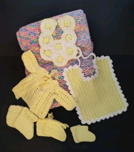 Newborn Crochet Baby Blanket + Knitted Infant Yellow Sweater, 3 Booties & 2 Bibs - Picture 1 of 15