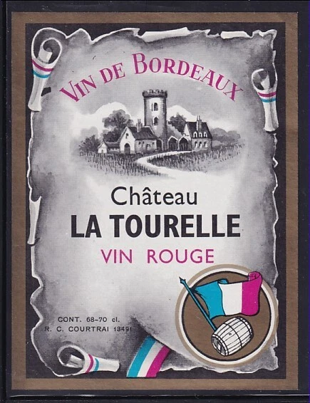 ETIQUETA DE VINO CHATEAU LA TOURELLE VIN ROUGE VIN DE BURDEOS 3-1/2 x 4-5/8 PULGADAS Foto 1 de 1