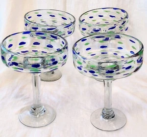 Hand Blown Mexican Margarita Glasses. EUC.  Set of 4. 7" T. Blue/Green Art Fused - Picture 1 of 9