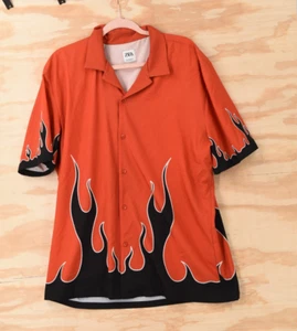 Zara Flames Bowling Camp Short Sleeve Button Down Shirt Mens Large - Picture 1 of 10