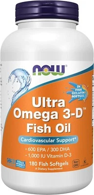 NOW Foods, Ultra Omega 3-D, 600 EPA / 300 DHA, 180 cápsulas blandas de pescado Foto 1 de 4