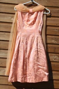Vintage 50s 60s Peach Floral Scarf Prom Party Mini Dress XS 