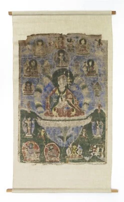 Antiguo rollo de panel pintado Thangka budista tibetano montado 23,5" x 43" de alto Foto 1 de 4