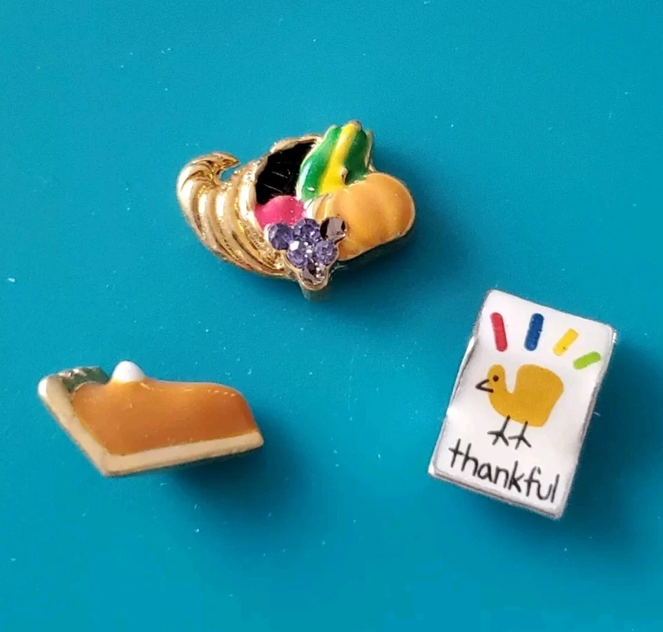 Origami Owl FALL 3 CHARM Set: CORNUCOPIA, PUMPKIN PIE SLICE, THANKFUL TURKEY NEW - Image 1 of 1