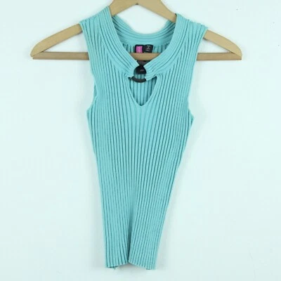 Top corto vintage Y2K bebé azul mezcla de seda acanalado tejido sin mangas XS S ojo de cerradura Foto 1 de 4