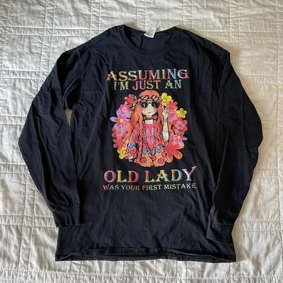 Camiseta negra manga larga gráfico eslogan talla grande floral hippie abuela algodón Foto 1 de 4