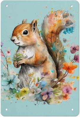 Letrero de metal estaño acuarela ardilla aluminio arte de pared vintage decoración 8x12 Foto 1 de 4