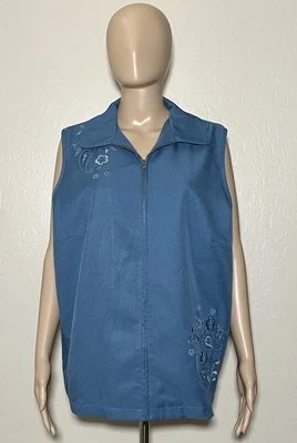 Alfred Dunner Full Zip Vest 16W Blue Floral Paisley Embroidered Sleeveless - Image 1 of 4