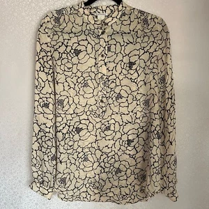 Club Monaco Shirt Floral Print Blouse Button ivory and black Size M Silk - Picture 1 of 11