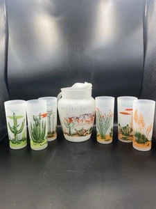 Blakely Oil & Gas Arizona Frosted Cactus Cacti Pitcher, 14 Glasses 8 N Orig Box - Picture 1 of 15