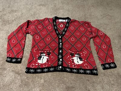 Cárdigan Suéter Rojo Muñeco de Nieve Opciones Diseño Vintage Mediano Navidad Botón Foto 1 de 4