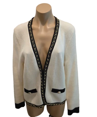 GENERATION LOVE Senna Wool Blend Ivory and Black Cardigan w/ Chain Trim - Large - Image 1 of 4