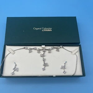 Tara Silver Tone Crystal Rhinestone Necklace & Earrings Set Wedding Valentines - Picture 1 of 8