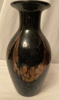 Black Murano Art Glass  Vase with Purple and Copper Pulled Design 23.5cm High - Image 1 of 4