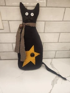 Primitive Rustic Black Stuffed Cat W/Star & Button Eyes Bow With Rusty Bell 15" - Picture 1 of 9