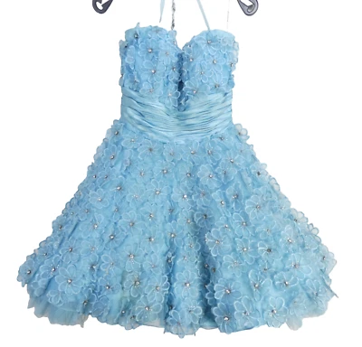 Jovani Prom Dress Strapless Fit Flare Mini Blue Applique Flowers Bustier 0 - Image 1 of 4