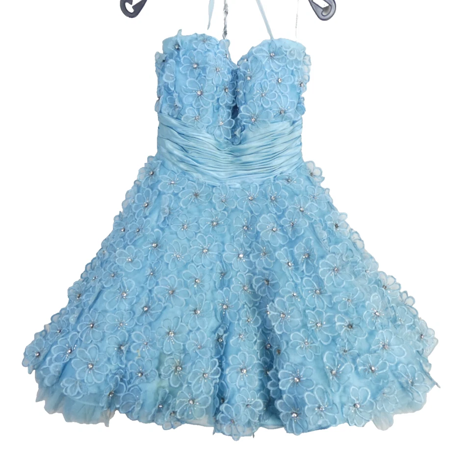 Jovani Prom Dress Strapless Fit Flare Mini Blue Applique Flowers Bustier 0 - Image 1 of 4
